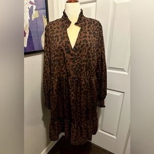 Brown and Black Animal Print Lantern Sleeve Dress. 3X.
